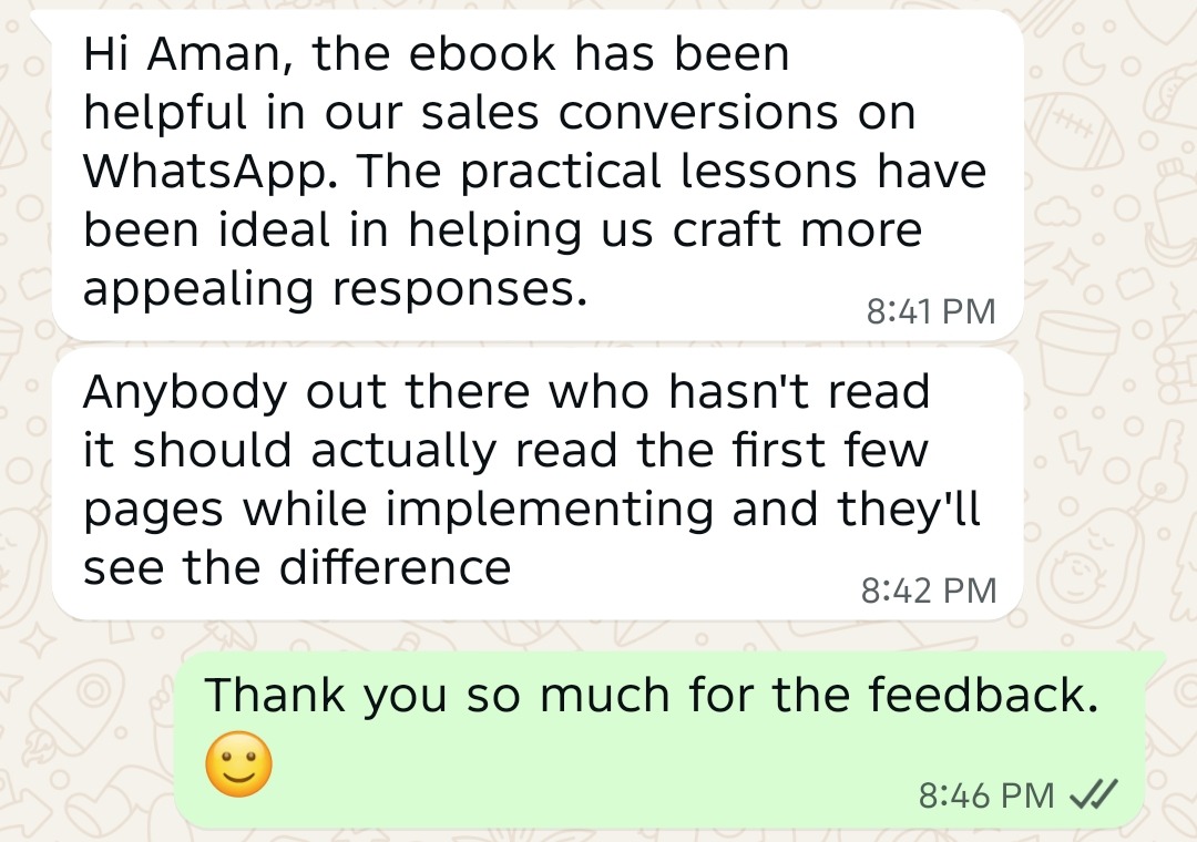 WhatsApp message from a buyer saying the ebook helped their sales conversions